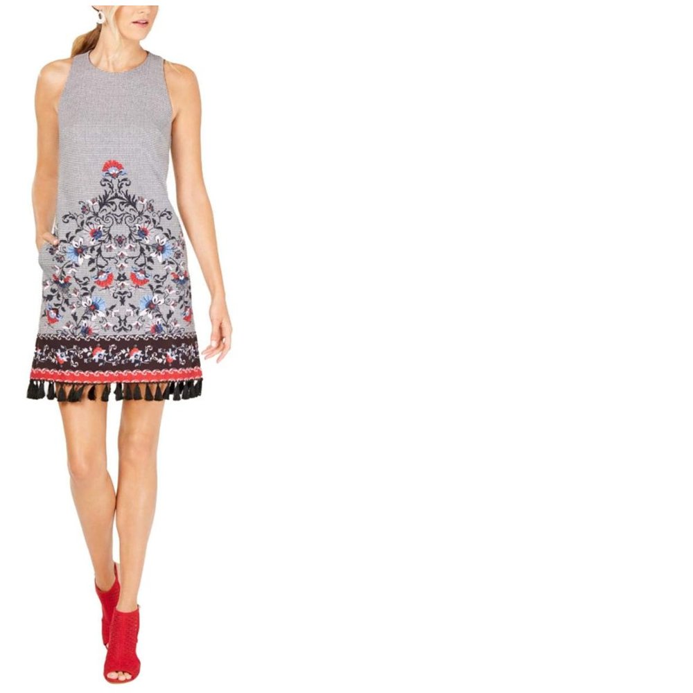 Laundry by Shelli Segal Womens Printed Fringe Hem Shift Dress